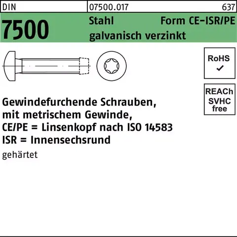 Gewindefurchende Schrauben DIN 7500 CE M6x50 T30 Stahl verzinkt 500 Stk - Neu