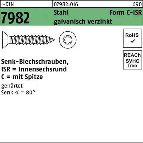 Senkblechschraube DIN 7982 ISR 6,3x80 T30 Stahl verzinkt 250 Stk. - Neu