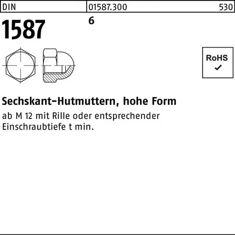 Hutmutter DIN 1587 M10 x 1,5 Stahl blank – Sechskantmutter - Neu
