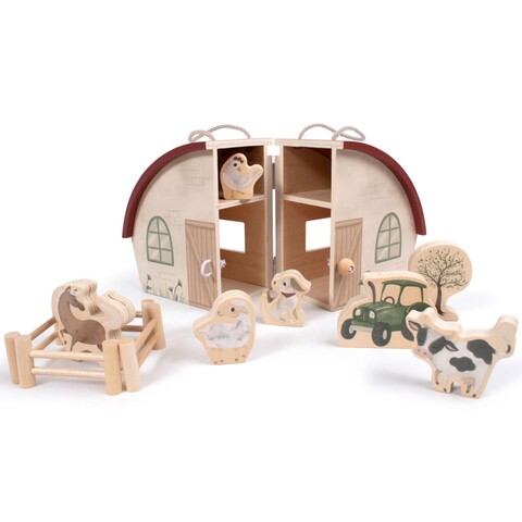 Filibabba Mein Bauernhof mit Tieren Aufklappbarer Holzbauernhof mit 8 verschiedene Figuren
