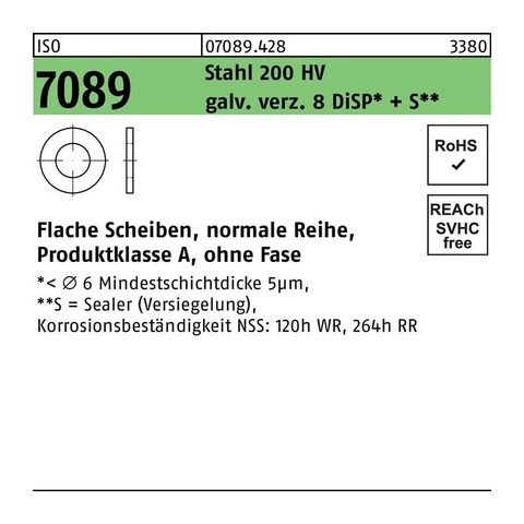 ISO 7089 Unterlegscheibe Stahl 20mm 200HV galv. verz. 8 DiSP+S - Neu