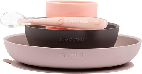 Nattou Silikon Esslernset 4-teilig mit Lätzchen – Rosa/Aubergine - Neu
