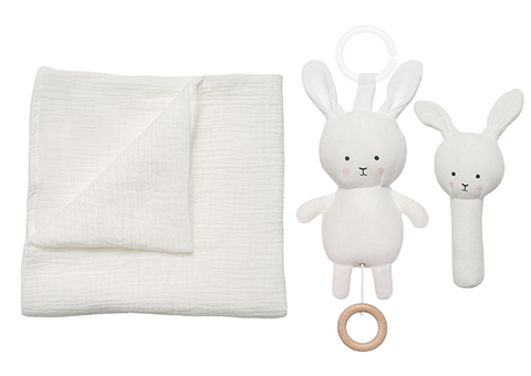 Jabadabado Geschenkset Bunny Weiß – Babydecke, Spieluhr & Rassel - Neu