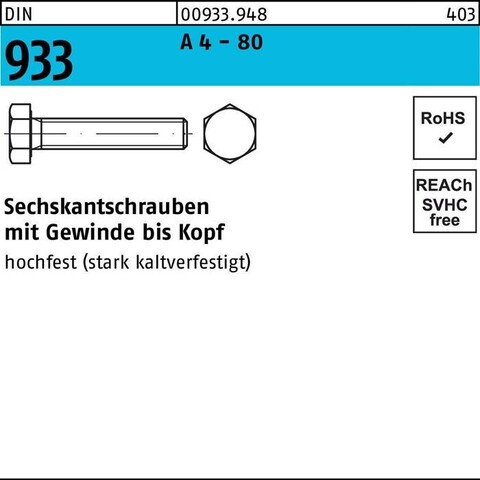 Sechskantschraube DIN 933 A4-80 M16x140 Edelstahl - Neu