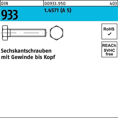 Sechskantschraube DIN 933 1.4571 M8x40 A5 Edelstahl - Neu