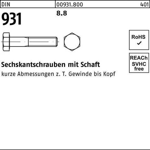 Sechskantschraube DIN 931/ISO 4014 M8x180 Stahl 8.8 blank - Neu