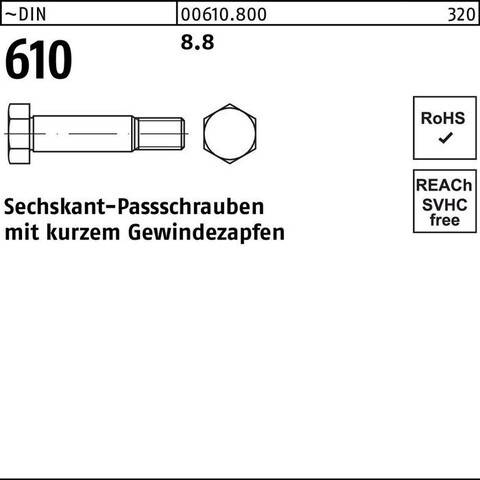 DIN 610 Sechskant-Passschraube M10x70 Stahl 8.8 blank - Neu