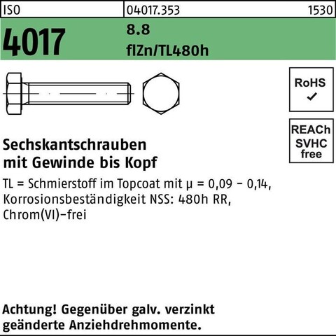 ISO 4017 Sechskantschraube M8x50 Stahl 8.8 Zinklamellenbeschichtet - Neu
