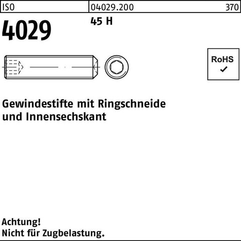 ISO 4028 GEWINDESTIFTE MIT ZAPFEN & INNENSECHSKANT 45 H M 6 X 16 GALVANISCH VERZINKT GAL