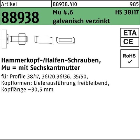 HALFEN Hammerkopfschraube R 88938 38/17 M12x40 Mu4.6 galv. verzinkt - Neu