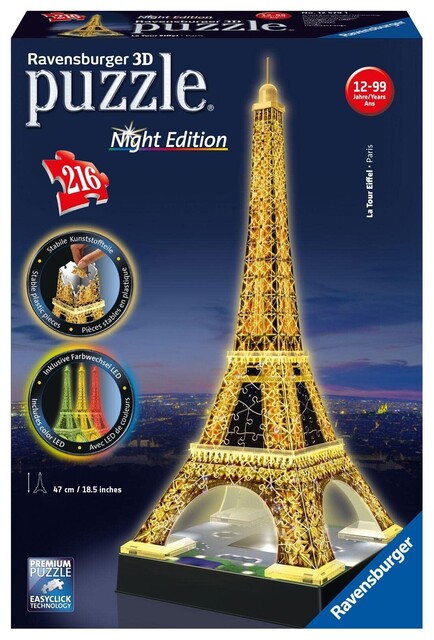 Ravensburger 12579 - Eiffelturm bei Nacht - 3D-Puzzle-Bauwerk, Night Edition, 216 Teile