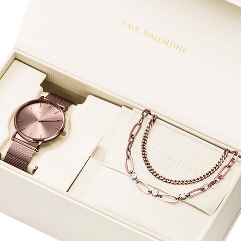 PAUL VALENTINE Damen Geschenkset Uhr & Armreifen Geschenkbox elegant Rosegold Silber