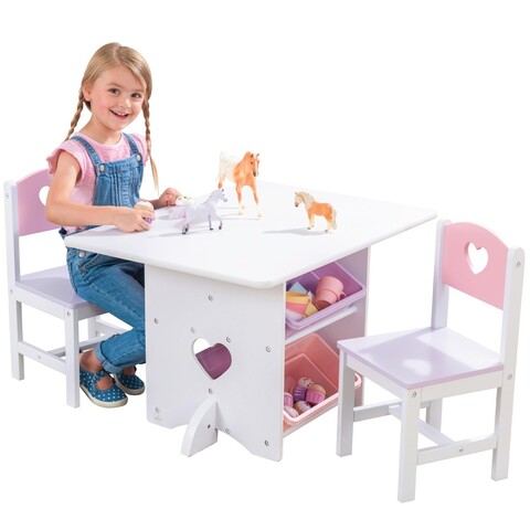 KidKraft® Tisch- und Stuhlset Herzchen weiß/rosa – Kindermöbel mit Aufbewahrung