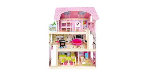 Bino Puppenhaus LED-beleuchtet 9-teilig – Holzspielzeug für Kinder