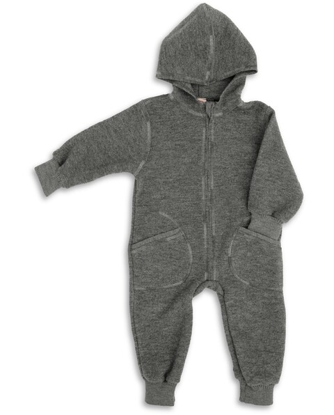 Engel Kapuzenoverall Lavagrau Melange – Baby Wollfleece Overall aus 100% Bio-Schurwolle