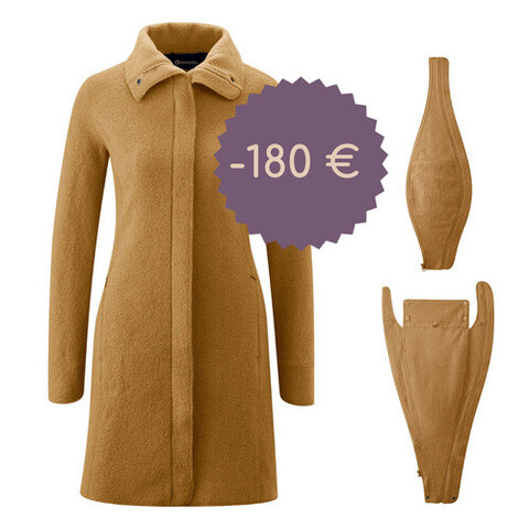 mamalila Eco-Woll-Tragemantel Oslo camel – Bio-Wollmantel für Schwangerschaft & Babytragen