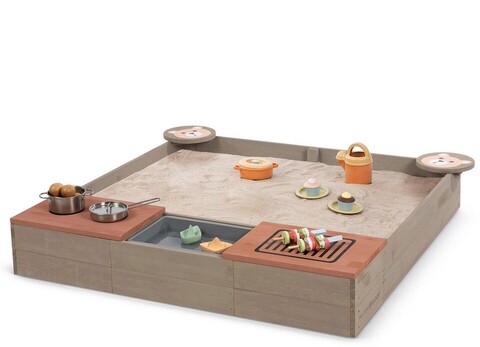 MUDDY BUDDY® Sandkasten "Space Saver" warmgrau – kompakter Holzsandkasten mit Staufach und Kunststoffwanne
