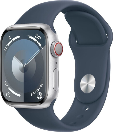 Apple Watch Series 9 41mm Cellular Sportarmband sturmblau Aluminiumgehäuse silber S-M